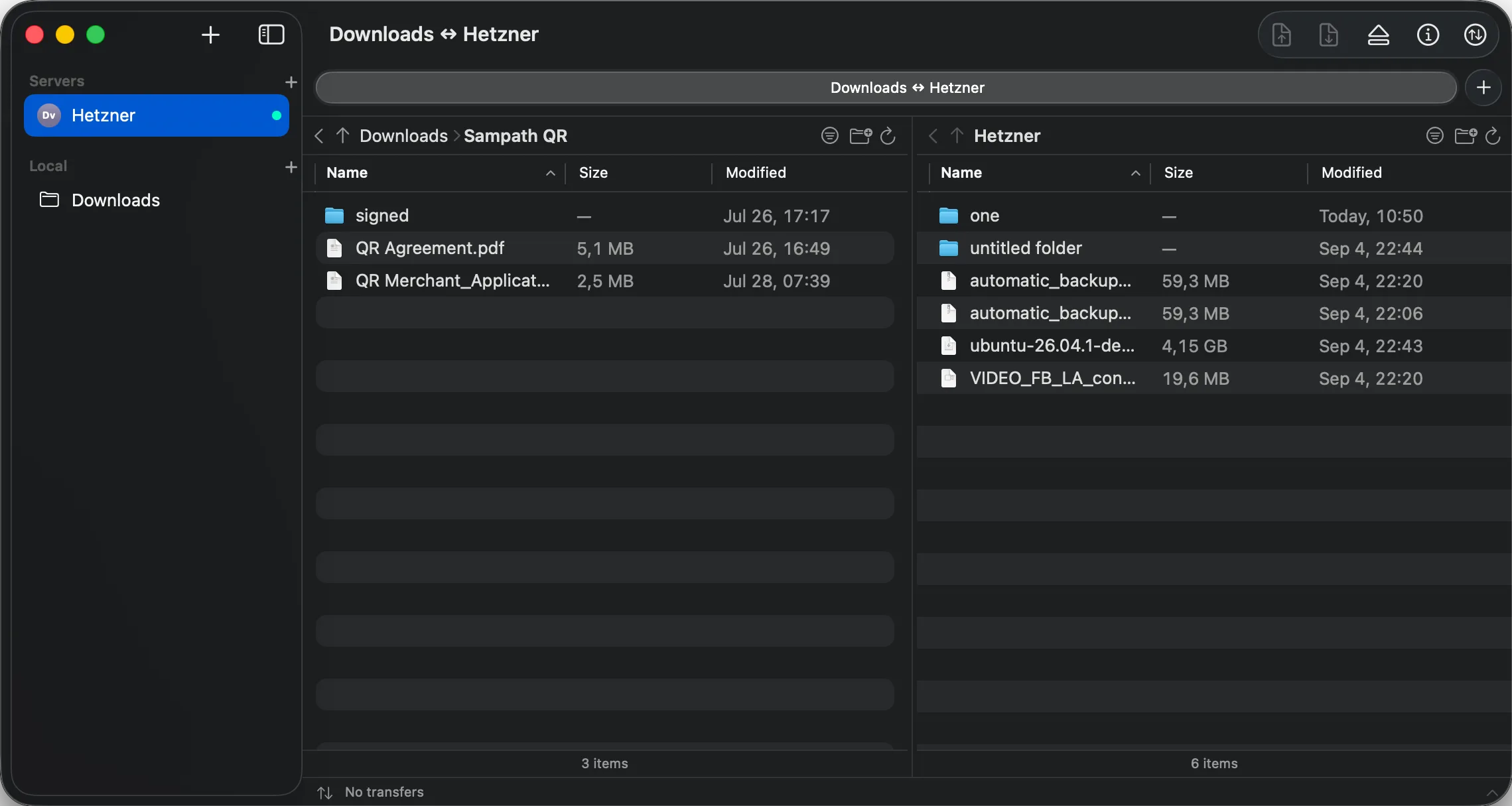 DockBird window with a local Downloads folder on the left and a remote server on the right, servers listed in the sidebar and a transfers bar at the bottom